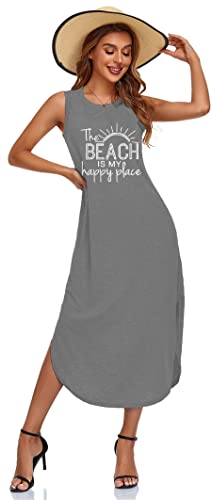 Image of Women's Casual Beach Summer Dresses Sleeveless Graphic Long Sundress Cover Up Dresses with Pocket Dark Grey X-Large
