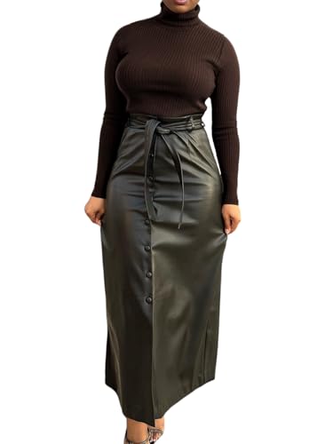 Faux Leather Midi Skirts for Women Stretch High Waist PU Wrap Bodycon Long Skirt with Tie Belt