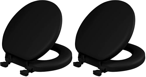 Image of Mayfair Padded Toilet Seat, Cushioned Soft Vinyl over Wood Core Seat, Secure Hinges, Easy Clean, Made in USA, Round, Black (Pack of 2)