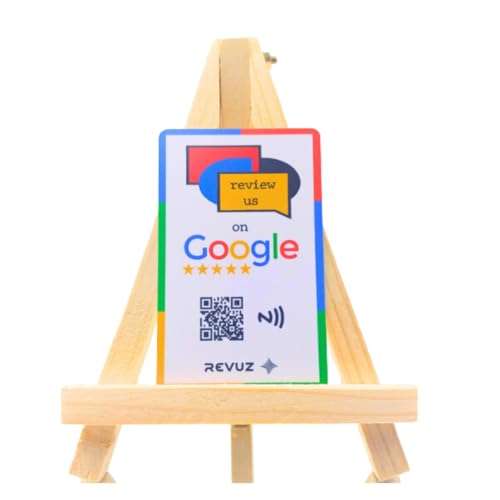 REVUZ Review Card – Equipped with NFC Chip and QR Code, Instant Activation with Your Business Page Link, Tap or Scan to Access. (White PVC Card with Stand)