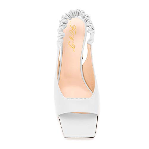 Fowt Women Slingback Peep Open Squared Toe Heeled Mules Ankle Straps Slip On Block Stacked Chunky High Heels Girls Sandals Formal Party Dressy Shoes Size 12 White Ivory #TOP3