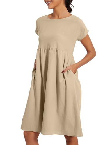 Image of LARMLISS Baggy Crew Neck Dress for Women Summer Casual Comfy Cotton Short Sleeve Tunic Beach Midi Dresses with Pockets