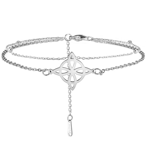 Dreamtimes Tobillera Nudo de Bruja Doble Cadena de Pie de Acero Inoxidable - Estilo Playa Boho Moda Wiccan Joyería para Mujer (Plata)
