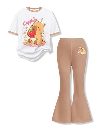 Image of Ayzozuy Tween Girls 2 Piece Outfits Short Sleeve Cartoon Graphic T-Shirt & Flared Pants Kids Clothing Set Size 8-13 Years