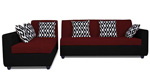 Image of Adorn India Rio Highback L Shape 6 Seater Sofa Set (Left Side Handle)(Maroon & Black)