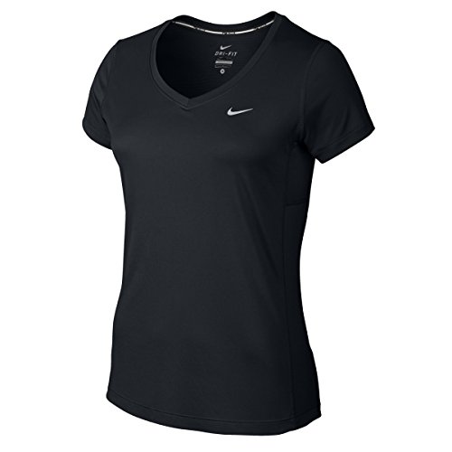 Nike Damen T-Shirt Miler V-Neck, Black/Reflective Silver, L