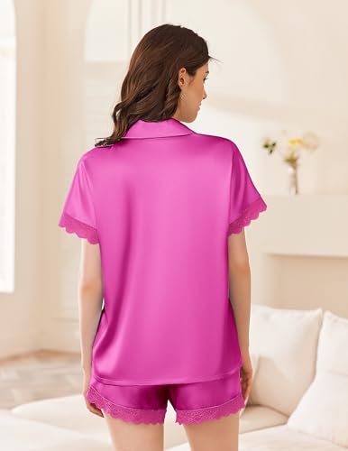 Image of Ekouaer Womens Lace Satin Pajama Set Button Down Pj Shorts Set Bridesmaids Getting Ready Outfits Casual Sleepwear XS-XXL