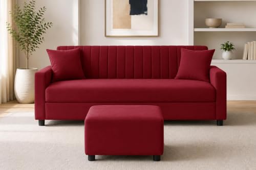 Image of Urban Decor 3 Seater Wooden Sofa Set with Matching Ottoman, Modern Channel Tufted Velvet Fabric Couch for Living Room-Red