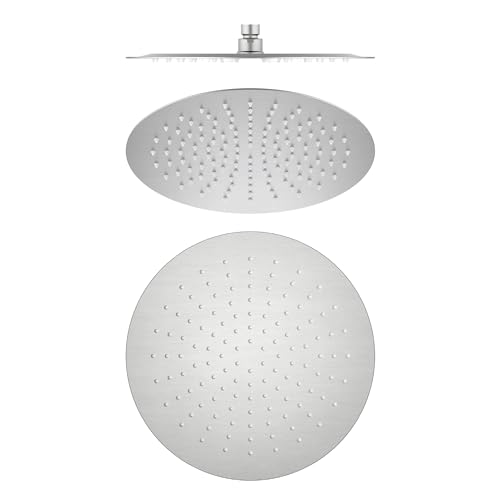 KIBI Circular 12 Inch Ultra Thin Metal Rainfall Shower Head | Universal Wall and Ceiling Mount Overhead Rain Showerhead with 1.75 GPM (Brushed Nickel) (SH1201)