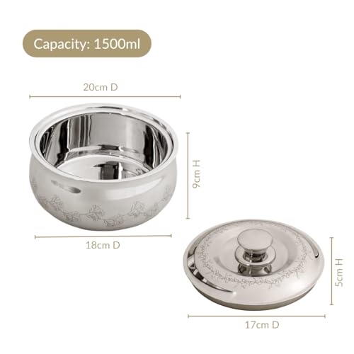 Image of Nestasia Stainless Steel Insulated Casserole with Lid (1500 ml) - 100% Food Safe Casserole for Roti Hot Case with Floral Vine Pattern - Keeps Food Hot & Cold | Rust Resistant & BPA - Free
