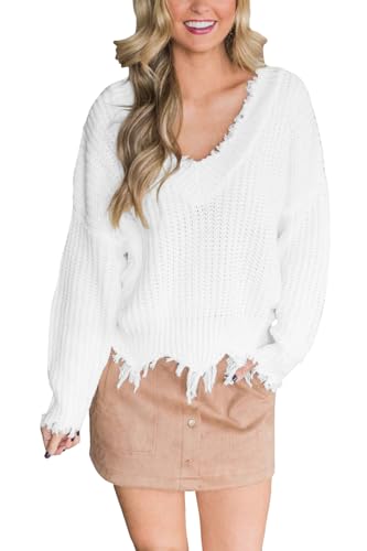 LAMISSCHE Womens Loose Knitted Off The Shoulder Sweater Solid V Neck Long Sleeve Pullover Ripped Crop Top2