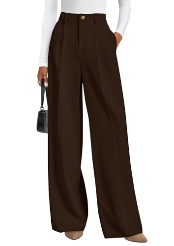 PRETTYGARDEN Womens Wide Leg Dress Pants 2026 Business Casual Flowy Work Palazzo Pants High Waisted Slacks Trousers (Dark Brown Small)