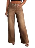 Eytino Womens Plus Size Jeans Stretchy High Waisted Casual Wide Leg Raw Hem Denim Pants with Pockets,3X Brown