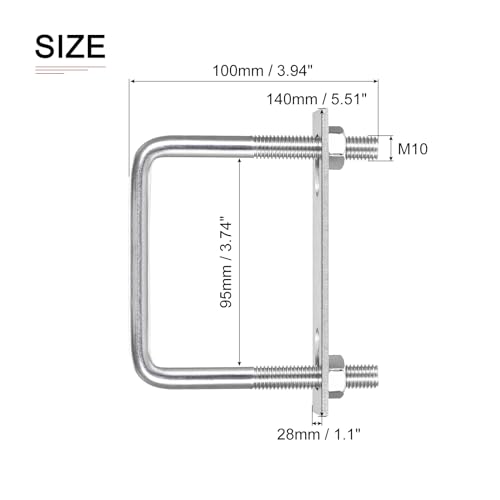Image of DTGN M10x95x100mm(ThreadxWxL) Square U Bolt - 2Pack - Good for Trailer Pipe Replacement Parts - 304 Stainless Steel U Shape Bolts