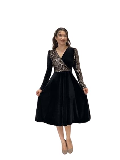 thapnath Women's Evening Wrap Dress, Black with Gold Sequin Sleeves, V-Neck, Midi Length-picture-21