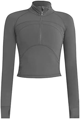 Vsaiddt Women's Athletic Half Zip Pullover Sweatshirt Workout Top Crop Quarter Zip Pullover Yoga Running Jackets（A-Grey, Medium）