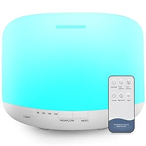 500ml Essential Oil Diffuser with Remote Control, BPA-Free Ultrasonic Humidifier with 7 Color Light,Auto Off Aromatherapy Diffuser