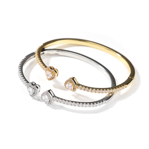 Womens Cute Love Heart Open Cuff Bangle Bracelet 18K Gold Silver Plated Cubic Zirconia Bangle Bracelet, Heart Cuff Bracelet Hip Hop Jewelry Gift for Women4