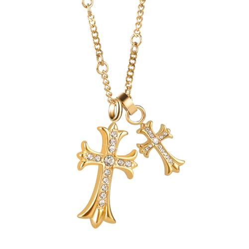 Cross Pendant for Car Rear View Mirror Decor Accessories Stainless Steel Rhinestone Crosses Amulet Jewelry Adult Men Christian Gift (Gold)