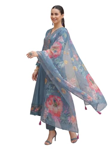 Image of INDO ERA Women's Silk Blend Embroidered Zari Work Straight Kurta & Pant Set | Cord Set For Women