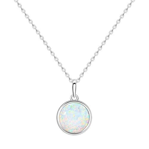 KristLand Moonlight Collection Collier en Argent S925 avec Opale Blanche Design Simple Délicat Pendentif Rond pour Femme Petite Amie épouse Fille Coffret Cadeau 14 mm
