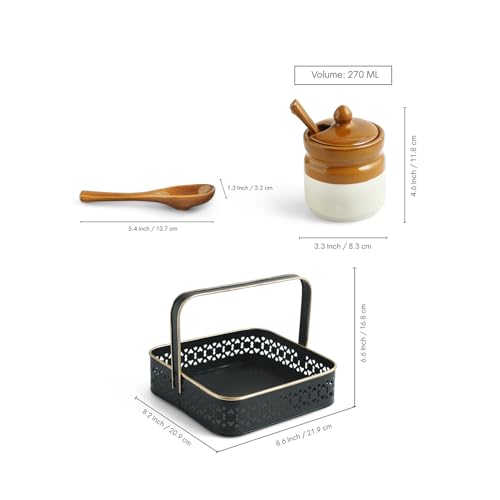 Image of ExclusiveLane 'Barni Tales' Ceramic Pickle Jars for Dining Table With Spoon & Iron Holder (Set Of 4, Non-Airtight, 270 ml) | Pickle Jar With Spoon Achar Jar Set Achar Container Set for Dining Table|