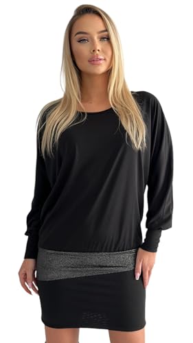 Mississhop 95-31 Damen Minikleid festlich Glitzer Kleid Pulli Tunika Schwarz L