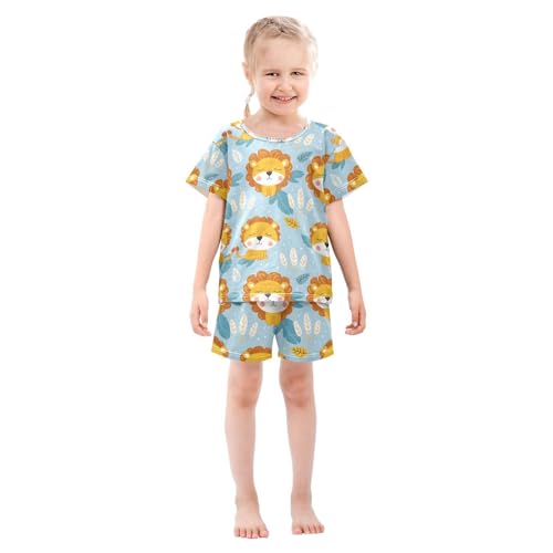 ALAZA Lovely Lion Pajamas Set Short Sleeve Cotton Sleepwear Summer Pjs 2 Piece 5-14Y3