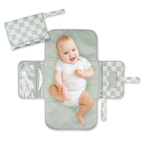Tiny Twinkle Tragbare Wickelunterlage Faltbare & Waschbare Wickelmatte für unterwegs Wasserdicht & Kompakte Baby-Wickelmatten mit Fach für Feuchttücher & Stauraum (Grünes Karomuster)
