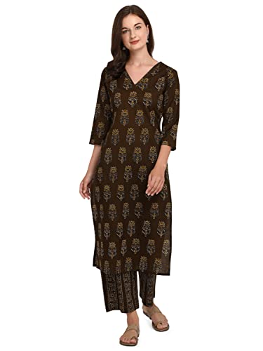 Image of FIORRA Women's Mahendi Green Pure Cotton Kurta with Palazzo Pant