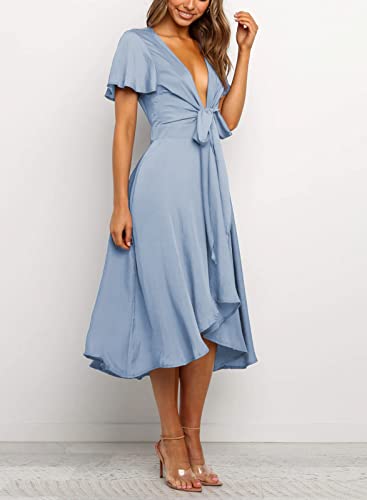 Image of miduo Womens Satin V Neck Ruffle Short Sleeve Tie Front High Waist Midi A-Line Maxi Dresses