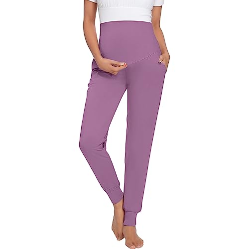 Generisch Pantalones de maternidad térmicos informales para mujer, elásticos, cómodos, ligeros, lisos, leggings cargo marrones para mujer, morado, S