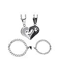 4Pcs Couple Necklaces and Couple Bracelets Matching set, Love Heart Puzzle Pendant Necklaces Cuban Chain Magnetic Heart Bracelets Valentine's Day Gift for Boyfriend Girlfriend (Black+White)