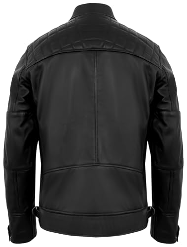 Image of Leather Jacket Men - Real Lambskin Motorcycle Jacket with Snap Tab Collar, Adjustable Waist & Zippered Pockets