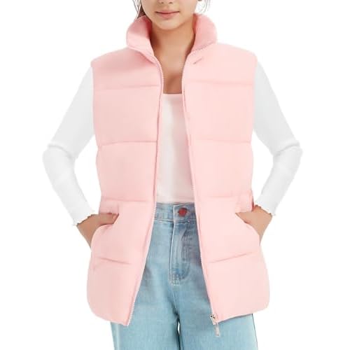 EXARUS Girls Cropped/Long Puffer Vest Sleeveless Water Repellent Stand Collar Lightweight Zip up Quilted Pockets 6-12Y long 8 Years Pink