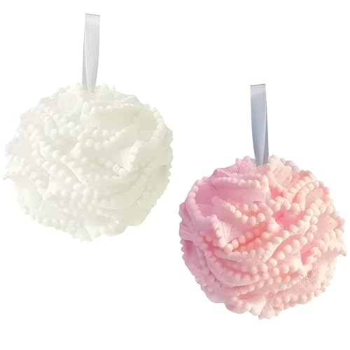 Esponja de baño, pack 2 esponjas ducha, esponja de encaje con bolitas, esponja baño bonita, flor de baño con correa, esponja blanca y rosa