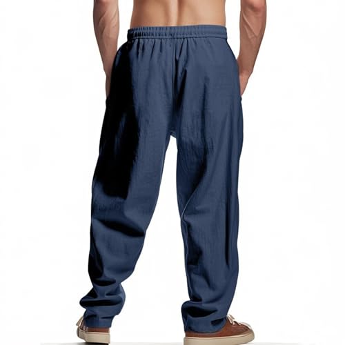 Mens Summer Linen Sweatpants Solid Color Casual Straight Leg Pants Beach Holiday Drawstring Elastic Waist Trousers2