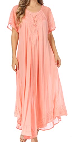 Image of Sakkas Egan Long Embroidered Caftan Dress /Cover Up with Embroidered Cap Sleeves