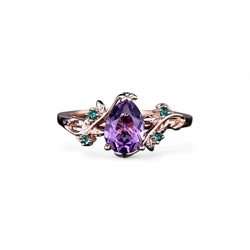 Amethyst ring vintage pear Amethyst engagement ring 14k rose gold twig leaf emerald bridal wedding ring women February birthstone ring gift