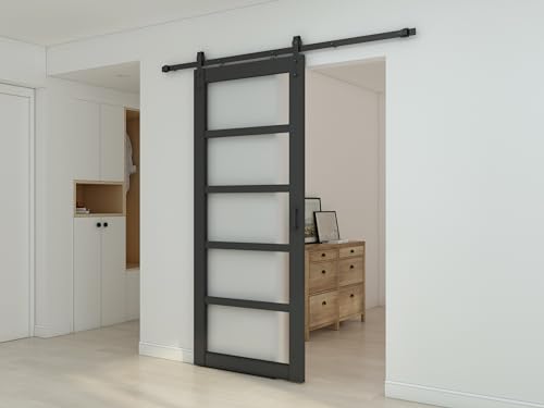Image of 36 in. x 84 in. 5 Lite Pre Assembled Frosted Glass Black MDF Interior Sliding Barn Door with Hardware Kit Door Handle