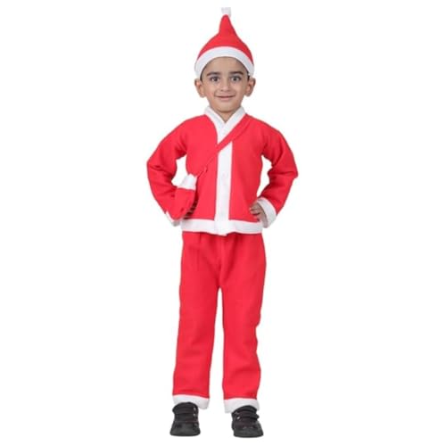 Image of ITSMYCOSTUME Santa Claus fleece dress for Christmas in red and white colour for kids. Complete costume set includes jacket, pant, hat, candy pouch /bag for Boys & Girls