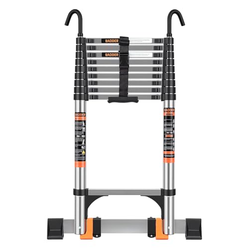 Telescoping Ladder 12.5 FT Extension Ladder w/Hooks Stabilizers Wheels Heavy Duty 330lbs Max Capacity Collapsible Telescopic Ladder for Rv Roof Outdoor