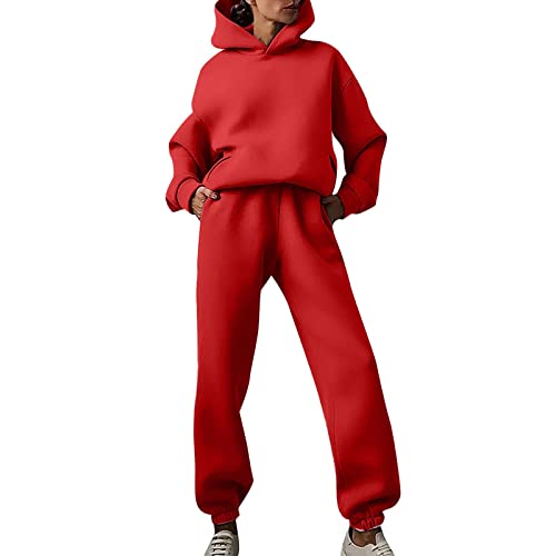 Traje de chándal para mujer, cálido, deportivo, largo, con capucha, sudadera + pantalones de jogging, traje de ocio, de 2 piezas, de algodón, traje de casa, traje deportivo, de manga larga, sudadera