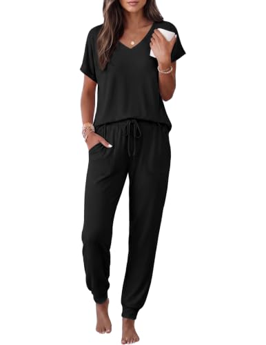 Image of Ekouaer Pajamas for Women Set Short Sleeve Lounge Set Jogger Pants Pjs Soft Sleepwear with Pockets S-XXL