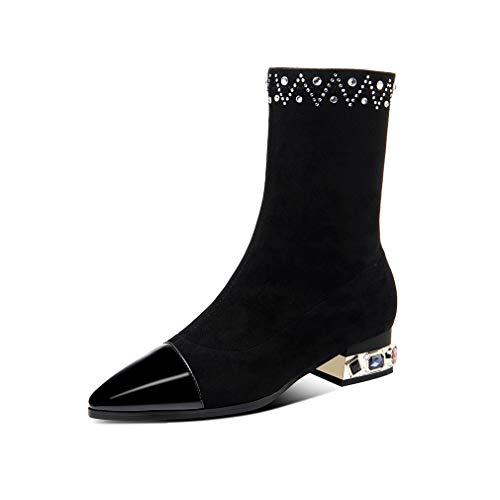 TinaCus Botas femininas feitas à mão de camurça, couro envernizado, confortável, salto baixo, elásti