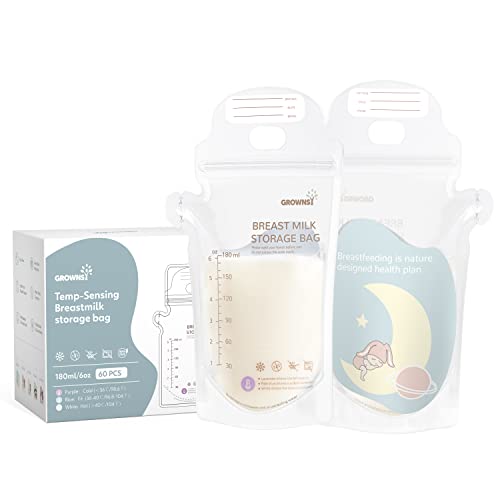 GROWNSY Muttermilch-Aufbewahrungsbeutel 60 Stück, 180ml BPA-frei Muttermilch Aufbewahrung Bag, Milchbeutel für Muttermilch temperaturfühlend， selbststehend und auslaufsicher