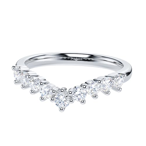 THELANDA Genuine Moissanite or Simulated Diamond Sterling Silver Slight V Shape 3-Prong Set Eternity Matching Ring Wedding Band3