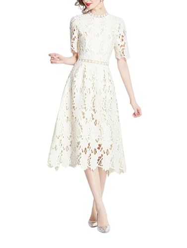 Women Short Sleeved Vintage Lace Dress Casual Office Party Midi