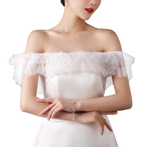 NICENEEDED Shoulderless Bridal Shawl, White Tulle Pearl Shawl Wrap, Women's Capelet for Evening Dresses Tulle Shawl Wrap Bridal Wedding Chiffon Cape Flapper Cover Up