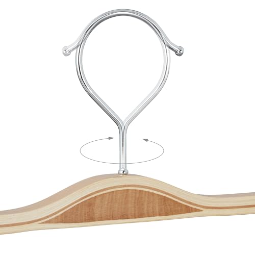Relaxdays Kleiderbügel Hosen & Röcke, 12er Set, 2 bewegliche Klammern, B: 37,5 cm, Holz, drehbarer Haken, natur/silber